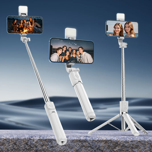 New Model Smartphone Selfie Stick Tripod for Live Streaming And Photography, Featuring a Retractable Design, 360-Degree Automatic Rotation, Portable Multifunctional Remote Control, Full-Body Support, And Beauty Enhancement Lighting.