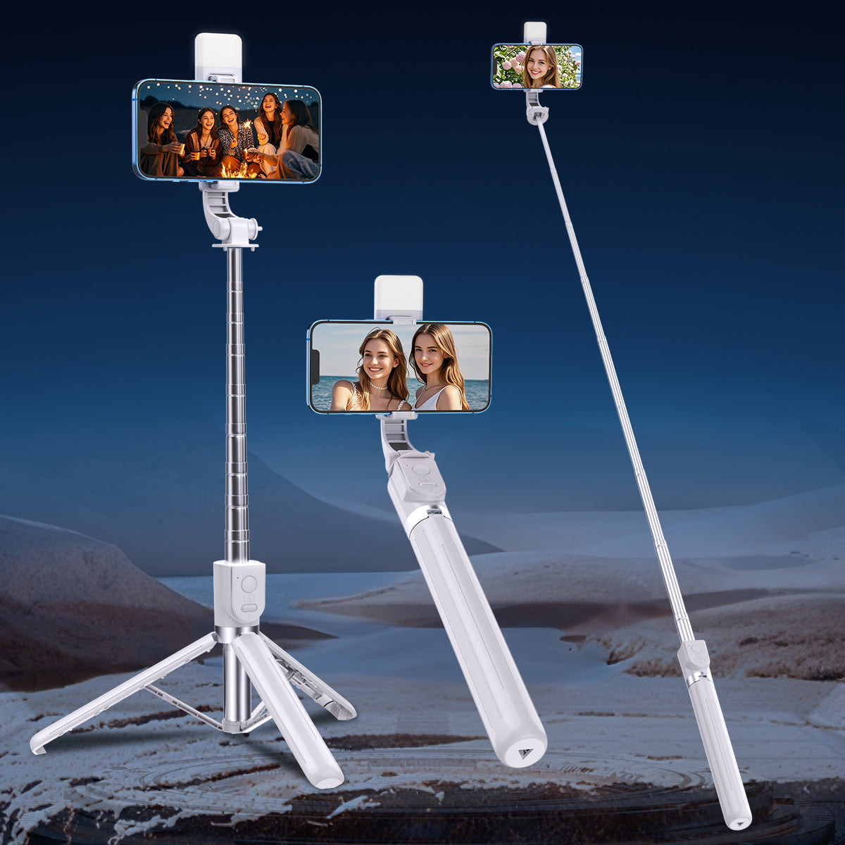 New Model Smartphone Selfie Stick Tripod for Live Streaming And Photography, Featuring a Retractable Design, 360-Degree Automatic Rotation, Portable Multifunctional Remote Control, Full-Body Support, And Beauty Enhancement Lighting.