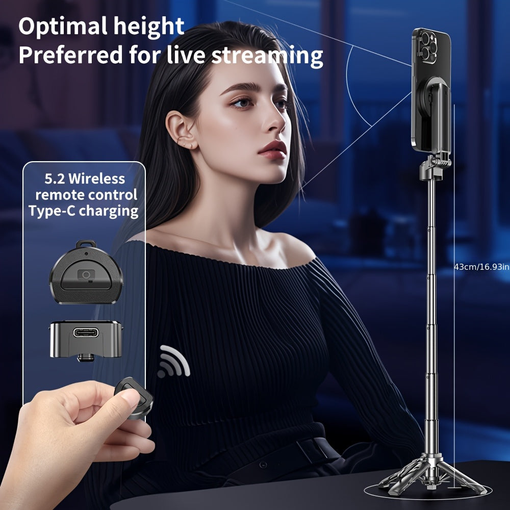 Upgraded 2-in-1 Magnetic Selfie Stick & Phone Tripod with Wireless Remote, Detachable Wireless Handle, USB Rechargeable, Cold Shoe Mount for Microphone & Fill Light, Strong Magnetic Suction, Portable & Retractable Design, Travel Photography Gear